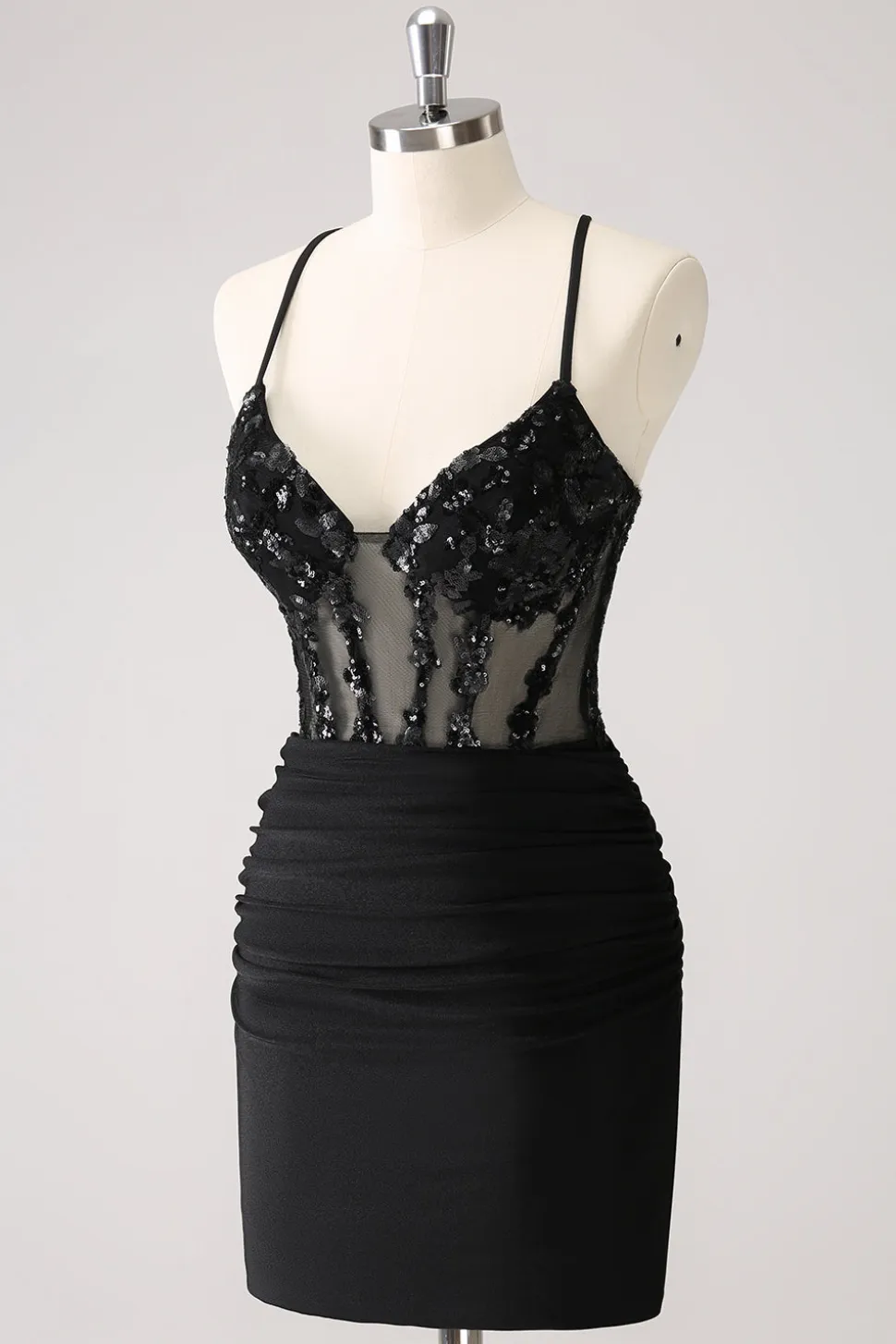 Sparkly Preto Bodycon Espaghetti Corset Vestido Curto Homecoming com Renda Up Back