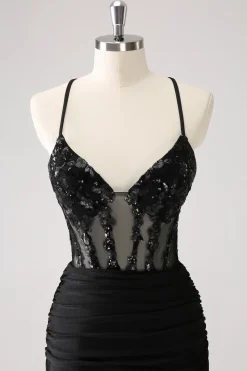 Sparkly Preto Bodycon Espaghetti Corset Vestido Curto Homecoming com Renda Up Back