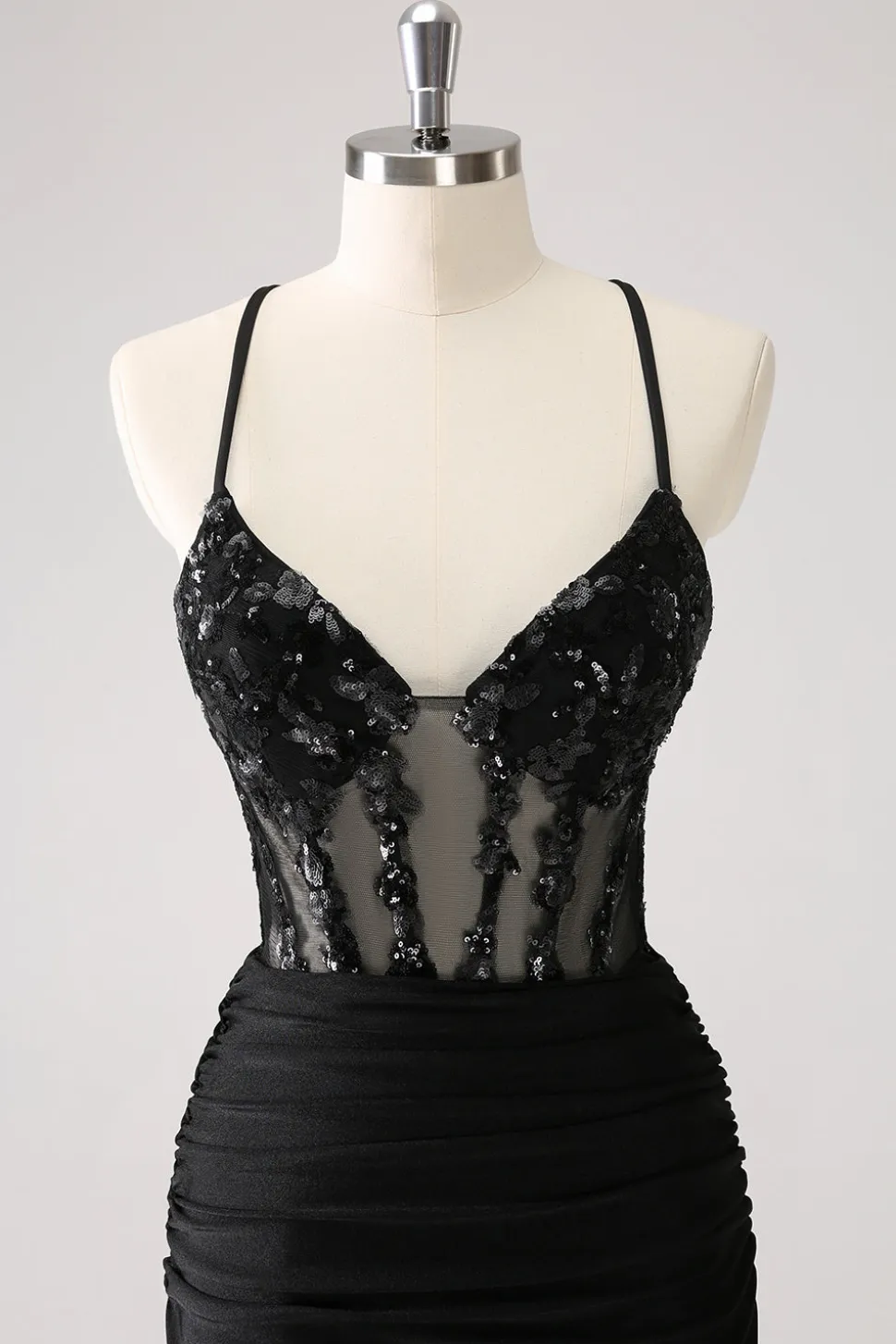 Sparkly Preto Bodycon Espaghetti Corset Vestido Curto Homecoming com Renda Up Back