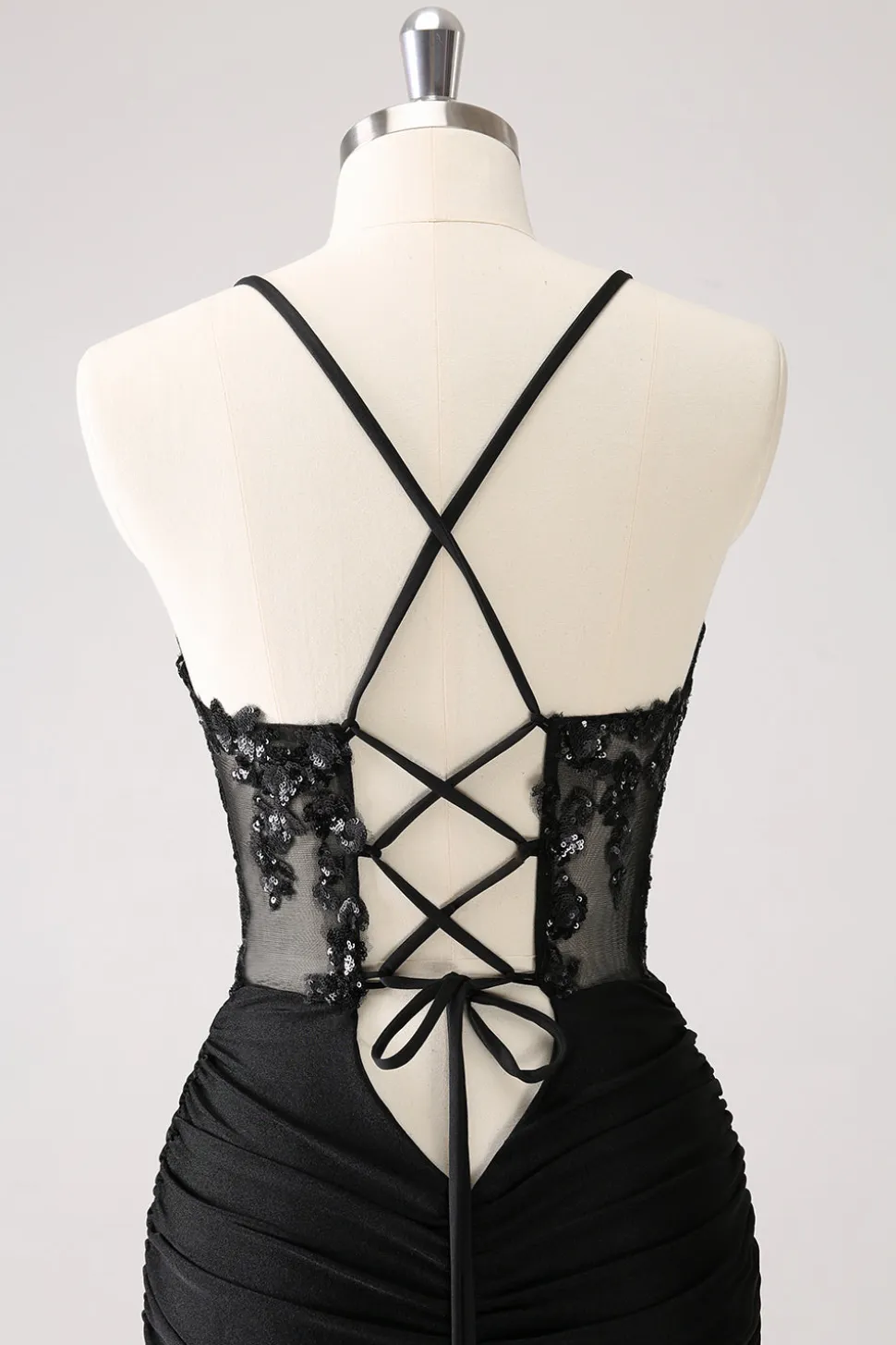 Sparkly Preto Bodycon Espaghetti Corset Vestido Curto Homecoming com Renda Up Back