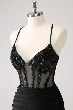 Sparkly Preto Bodycon Espaghetti Corset Vestido Curto Homecoming com Renda Up Back