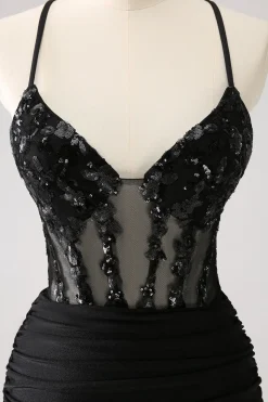 Sparkly Preto Bodycon Espaghetti Corset Vestido Curto Homecoming com Renda Up Back