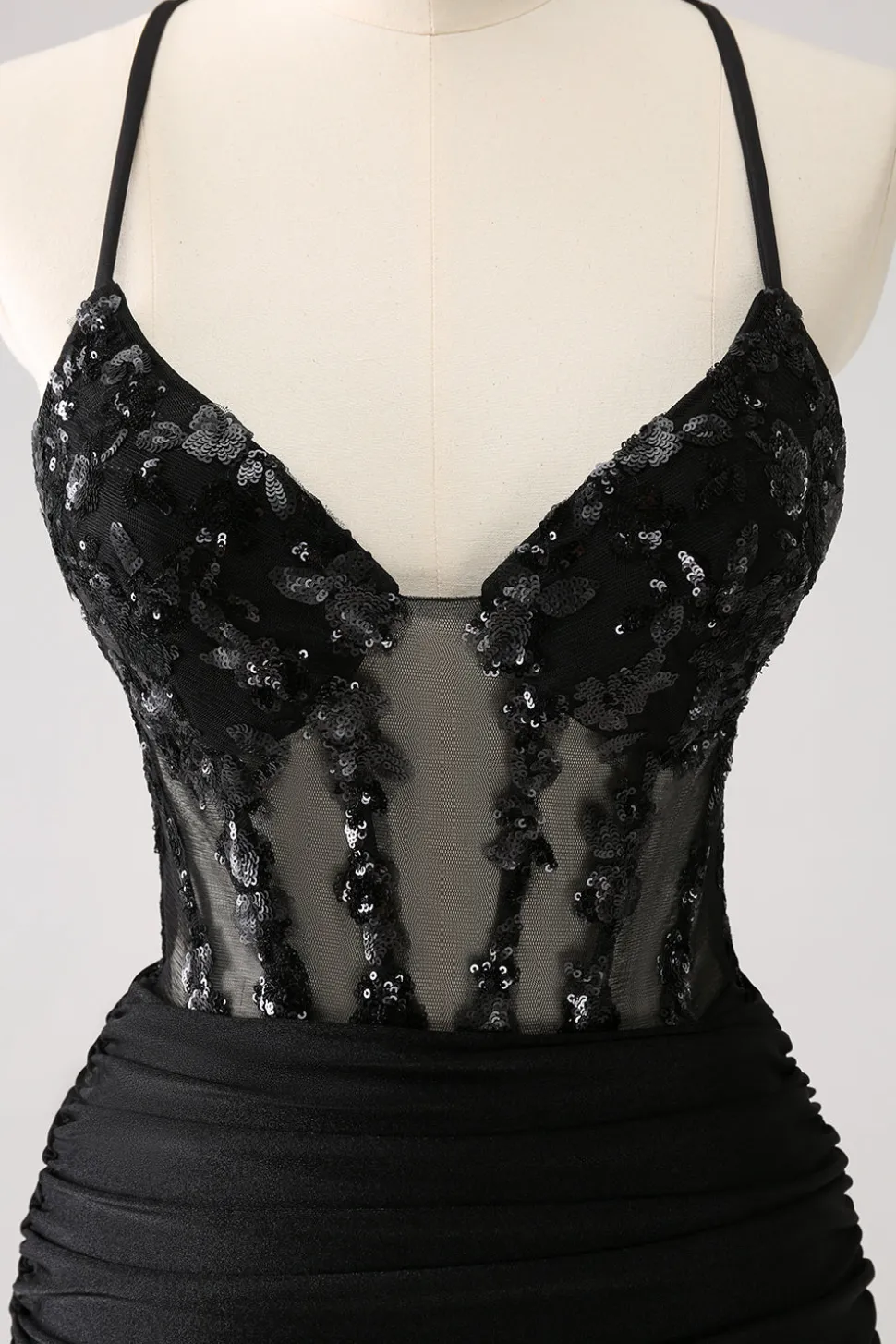 Sparkly Preto Bodycon Espaghetti Corset Vestido Curto Homecoming com Renda Up Back