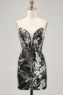 Sparkly Preto Bodycon Sequins Vestido Curto Homecoming com Missangas