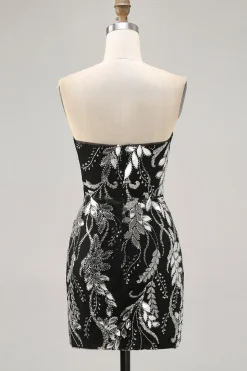 Sparkly Preto Bodycon Sequins Vestido Curto Homecoming com Missangas