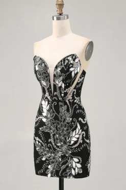 Sparkly Preto Bodycon Sequins Vestido Curto Homecoming com Missangas