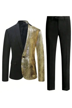 Sparkly Preto Dourado 2 Peças Um Botão Notched Lapela Masculino Prom Suit