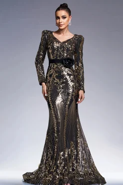 Sparkly Preto Dourado Mangas Longas Bainha Vestido Formal Longo com Bordado de Lantejoulas