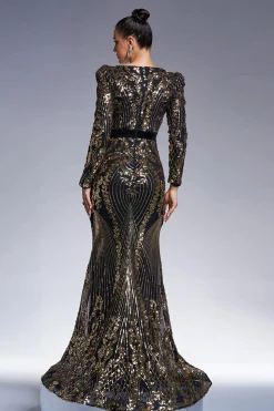 Sparkly Preto Dourado Mangas Longas Bainha Vestido Formal Longo com Bordado de Lantejoulas