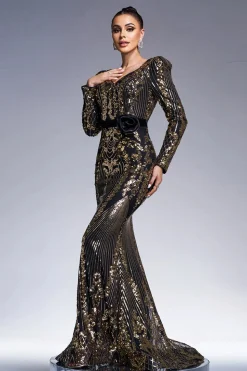 Sparkly Preto Dourado Mangas Longas Bainha Vestido Formal Longo com Bordado de Lantejoulas