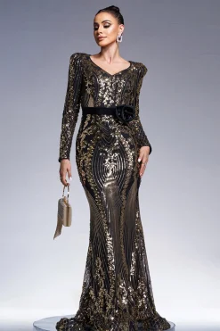 Sparkly Preto Dourado Mangas Longas Bainha Vestido Formal Longo com Bordado de Lantejoulas