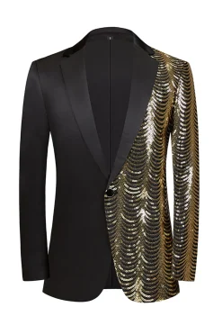 Sparkly Preto e Dourado Sequins Patchwork Men Blazer