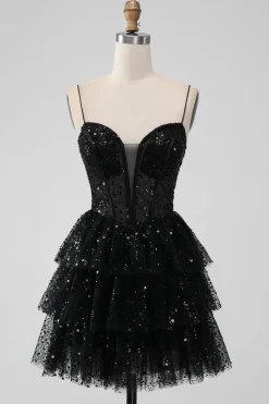 Sparkly Preto Espaghetti Correias Tiered Homecoming Dress com Sequins