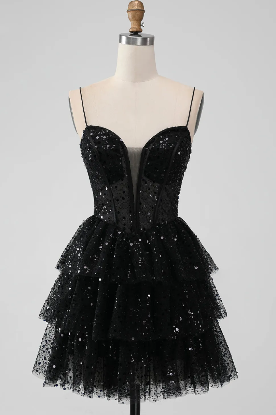 Sparkly Preto Espaghetti Correias Tiered Homecoming Dress com Sequins