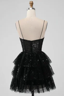 Sparkly Preto Espaghetti Correias Tiered Homecoming Dress com Sequins