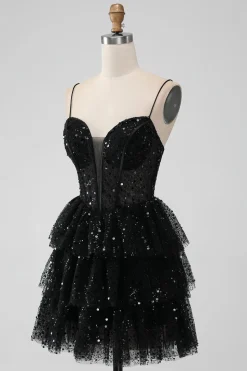Sparkly Preto Espaghetti Correias Tiered Homecoming Dress com Sequins