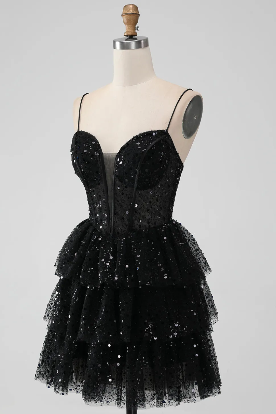 Sparkly Preto Espaghetti Correias Tiered Homecoming Dress com Sequins