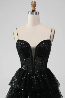 Sparkly Preto Espaghetti Correias Tiered Homecoming Dress com Sequins
