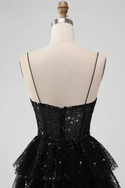 Sparkly Preto Espaghetti Correias Tiered Homecoming Dress com Sequins