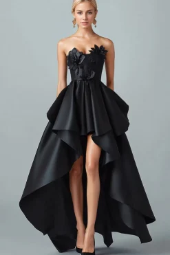 Sparkly Preto Hi-Low A-Line Strapless 3D Flores Ruffle Cetim Vestido Formal