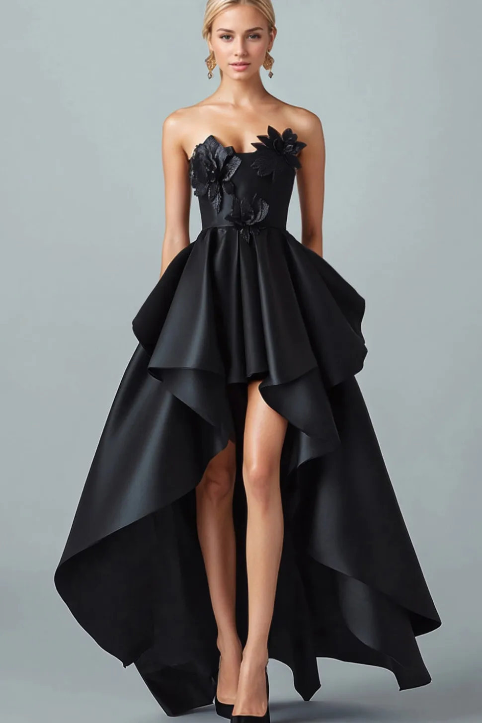 Sparkly Preto Hi-Low A-Line Strapless 3D Flores Ruffle Cetim Vestido Formal