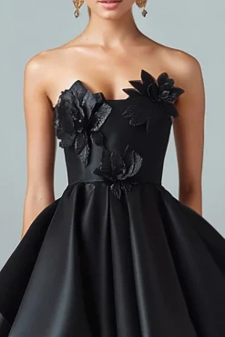 Sparkly Preto Hi-Low A-Line Strapless 3D Flores Ruffle Cetim Vestido Formal