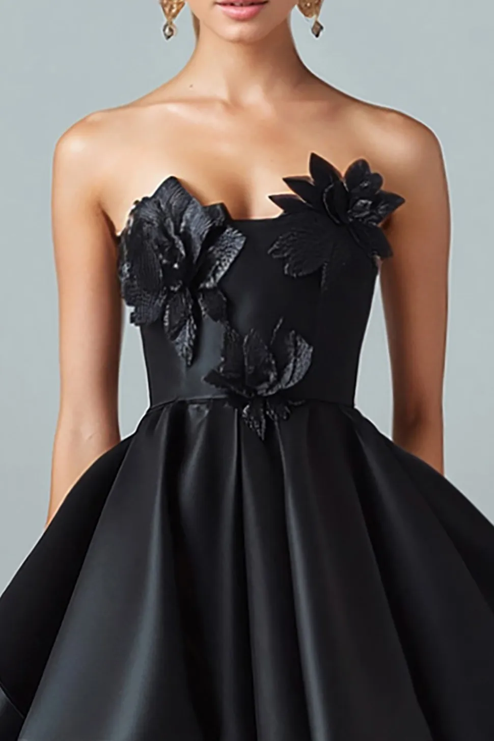 Sparkly Preto Hi-Low A-Line Strapless 3D Flores Ruffle Cetim Vestido Formal