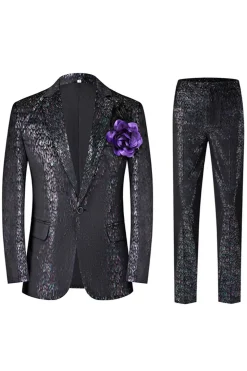 Sparkly Preto Notched Lapela 2 Peças Masculino Prom Terno com Flor 3D