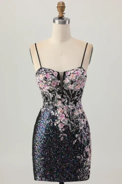 Sparkly preto rosa flor bodycon espartilho curto homecoming vestido com sequins
