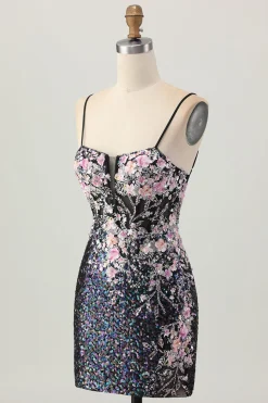 Sparkly preto rosa flor bodycon espartilho curto homecoming vestido com sequins