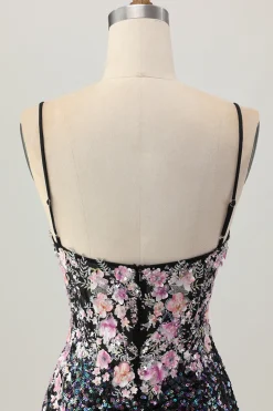 Sparkly preto rosa flor bodycon espartilho curto homecoming vestido com sequins