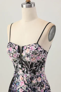 Sparkly preto rosa flor bodycon espartilho curto homecoming vestido com sequins