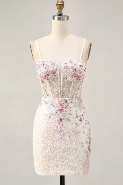 Sparkly preto rosa flor bodycon espartilho curto homecoming vestido com sequins