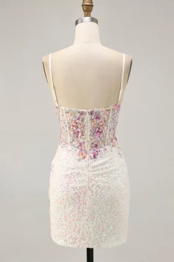 Sparkly preto rosa flor bodycon espartilho curto homecoming vestido com sequins