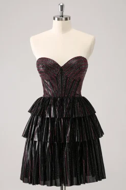 Sparkly preto rosa querido vestido de volta ao lar em camadas com frisos