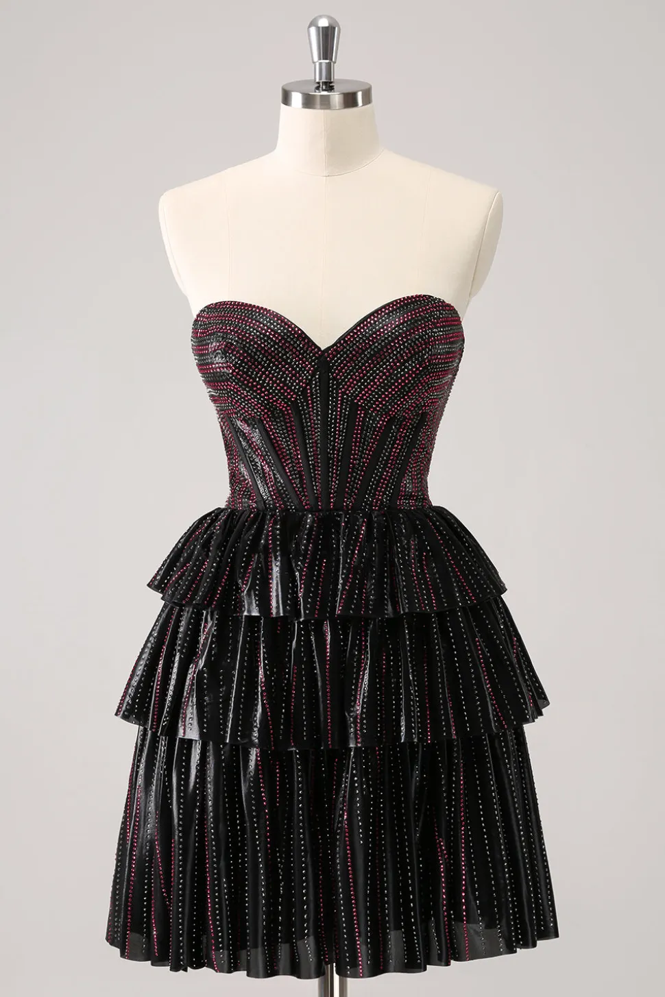 Sparkly preto rosa querido vestido de volta ao lar em camadas com frisos