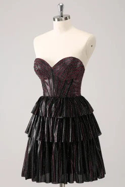 Sparkly preto rosa querido vestido de volta ao lar em camadas com frisos
