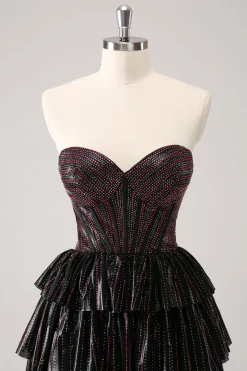 Sparkly preto rosa querido vestido de volta ao lar em camadas com frisos