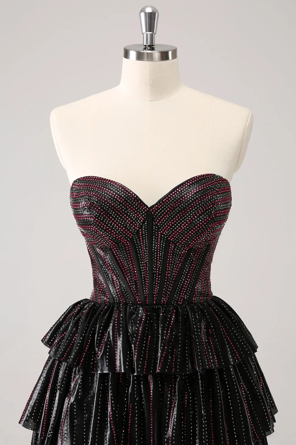 Sparkly preto rosa querido vestido de volta ao lar em camadas com frisos