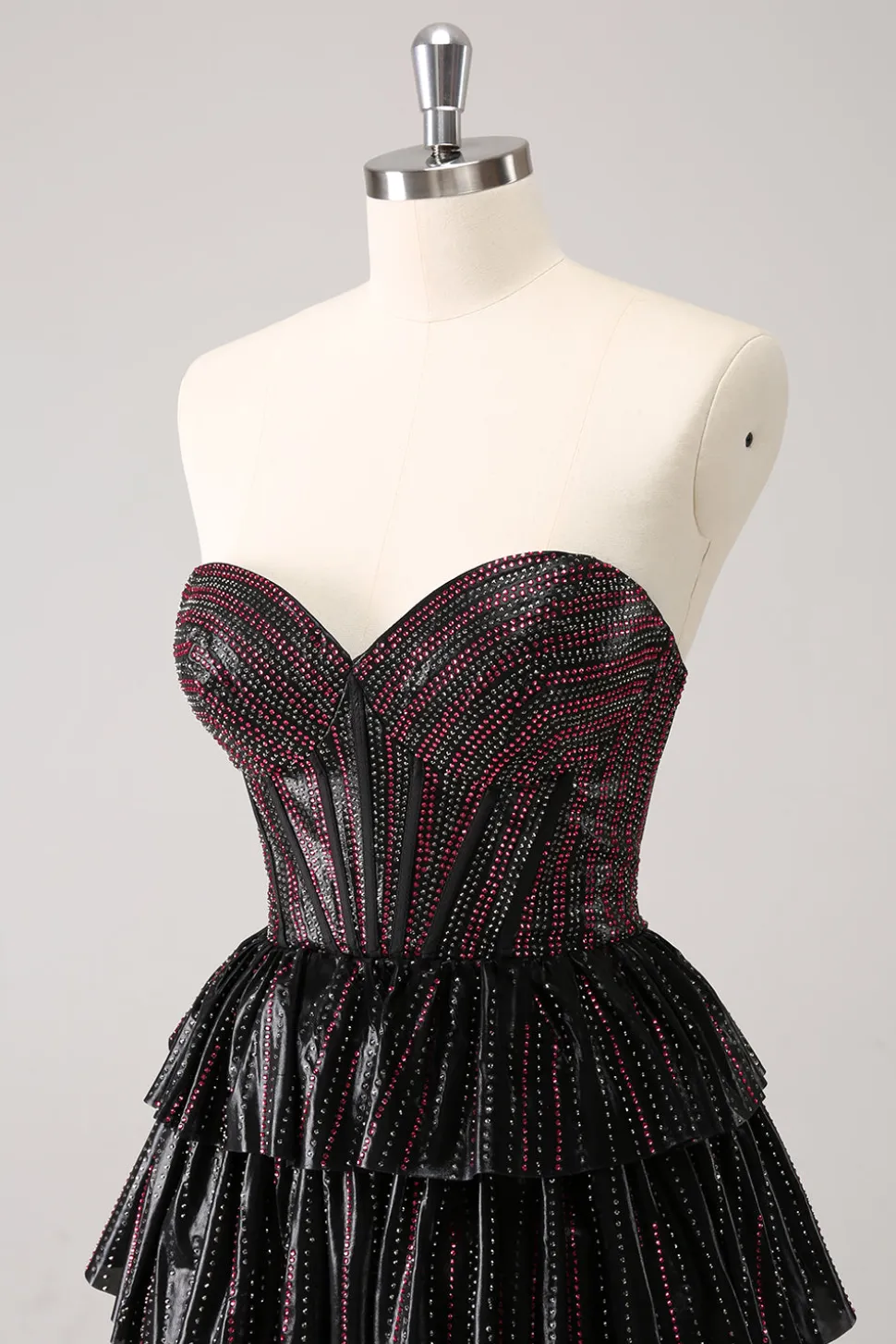 Sparkly preto rosa querido vestido de volta ao lar em camadas com frisos