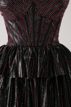 Sparkly preto rosa querido vestido de volta ao lar em camadas com frisos