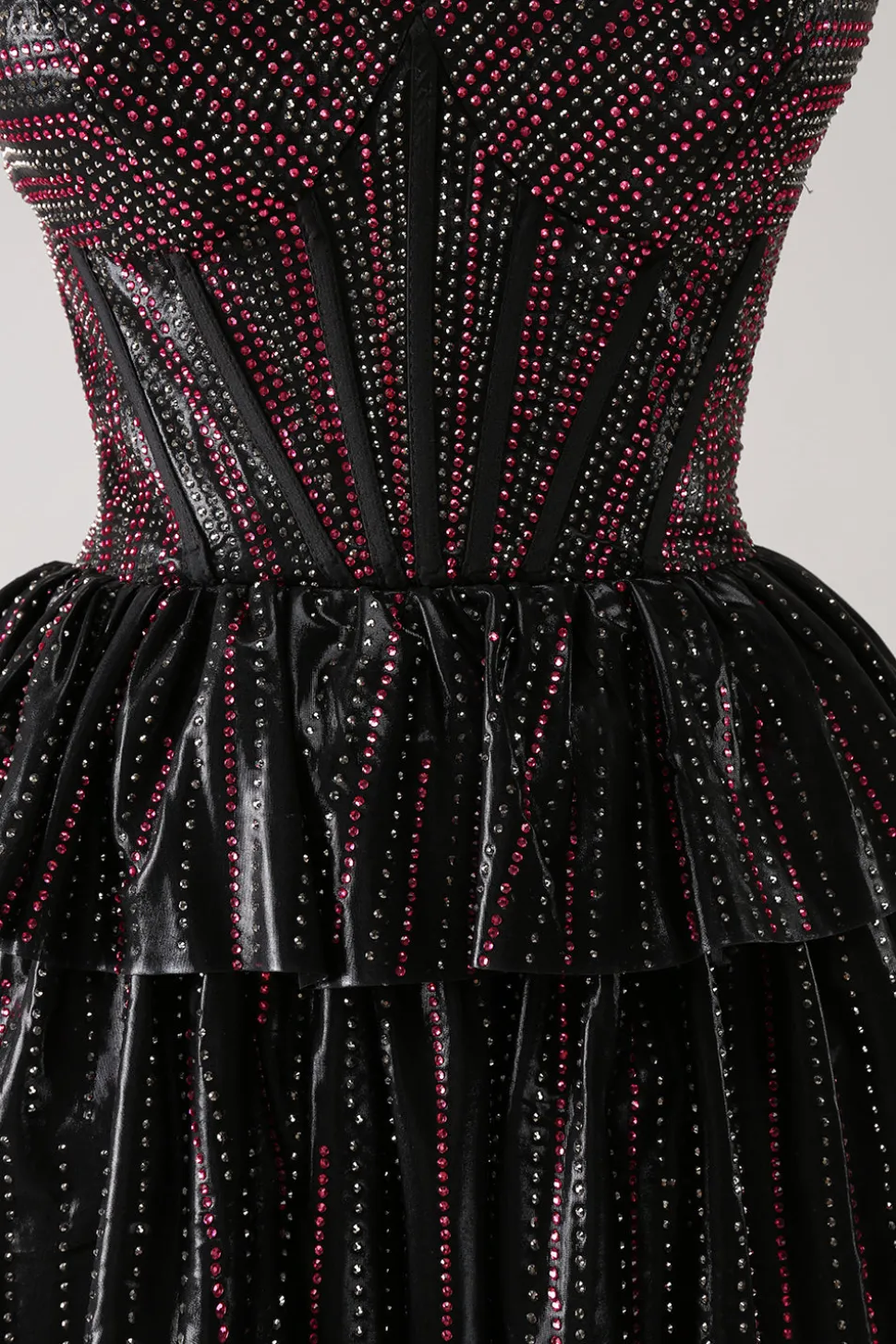 Sparkly preto rosa querido vestido de volta ao lar em camadas com frisos