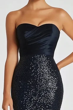 Sparkly Preto Sequins Sereia Strapless Long Military Ball Dress