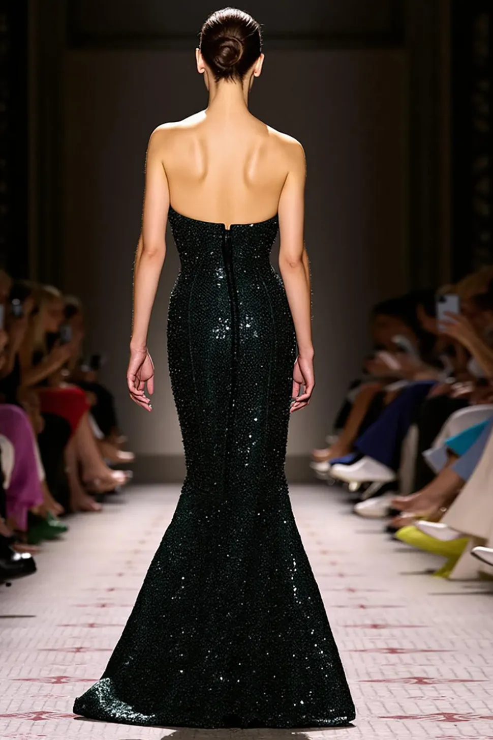 Sparkly Preto Sequins Strapless Sereia Vestido de Noite