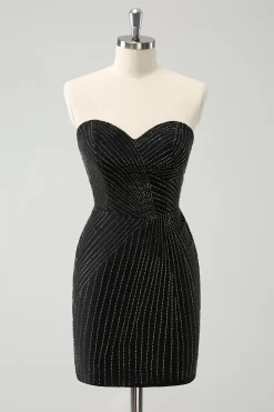 Sparkly Preto Strapless Bodycon Mini Vestido Homecoming