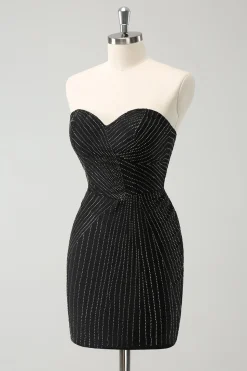 Sparkly Preto Strapless Bodycon Mini Vestido Homecoming
