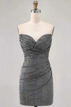 Sparkly Preto Strapless Tight Short Homecoming Dress com lantejoulas