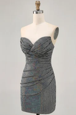 Sparkly Preto Strapless Tight Short Homecoming Dress com lantejoulas