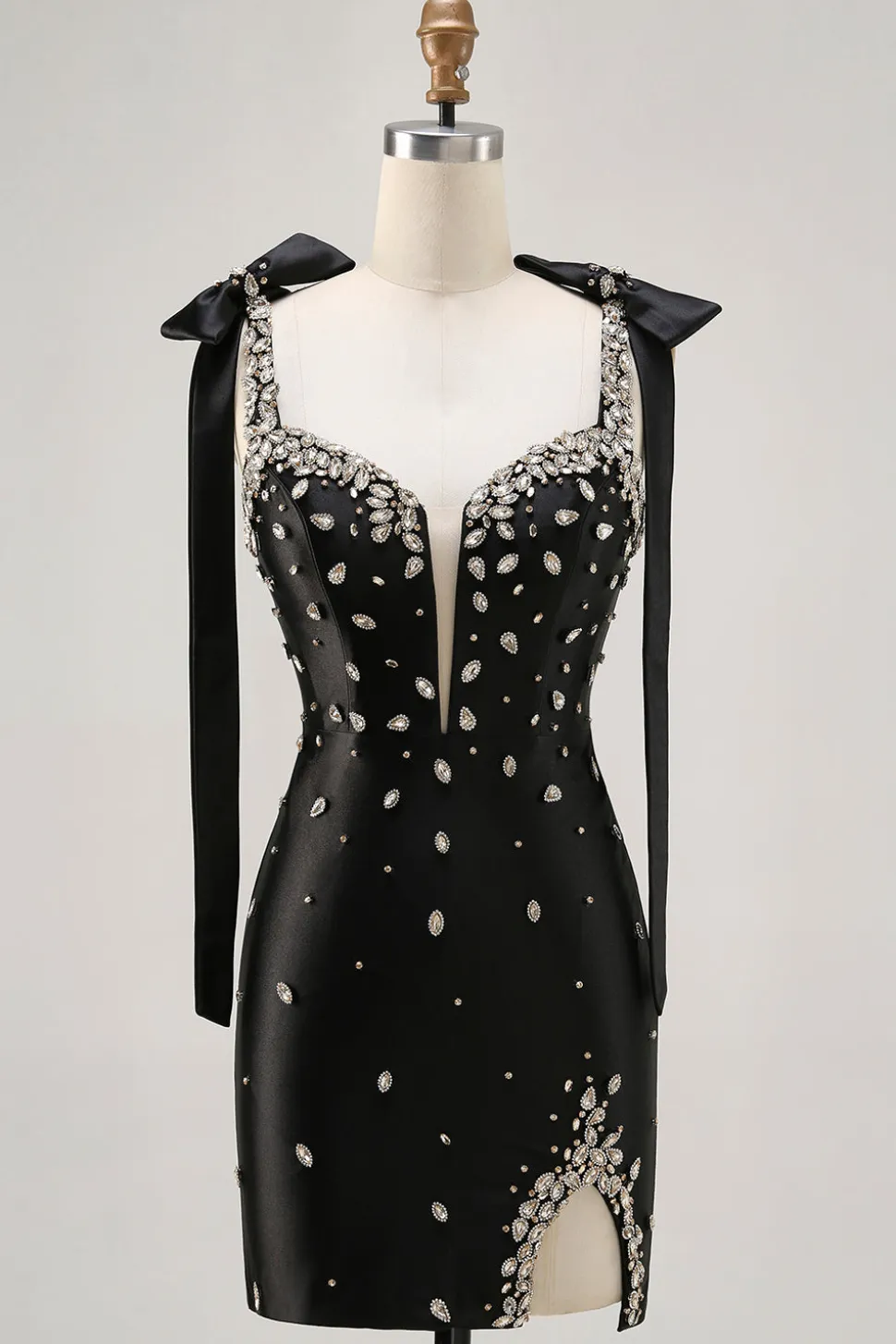 Sparkly Preto Tight Rhinestones Short Homecoming Dress com Fenda