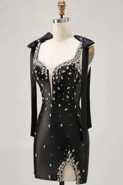 Sparkly Preto Tight Rhinestones Short Homecoming Dress com Fenda